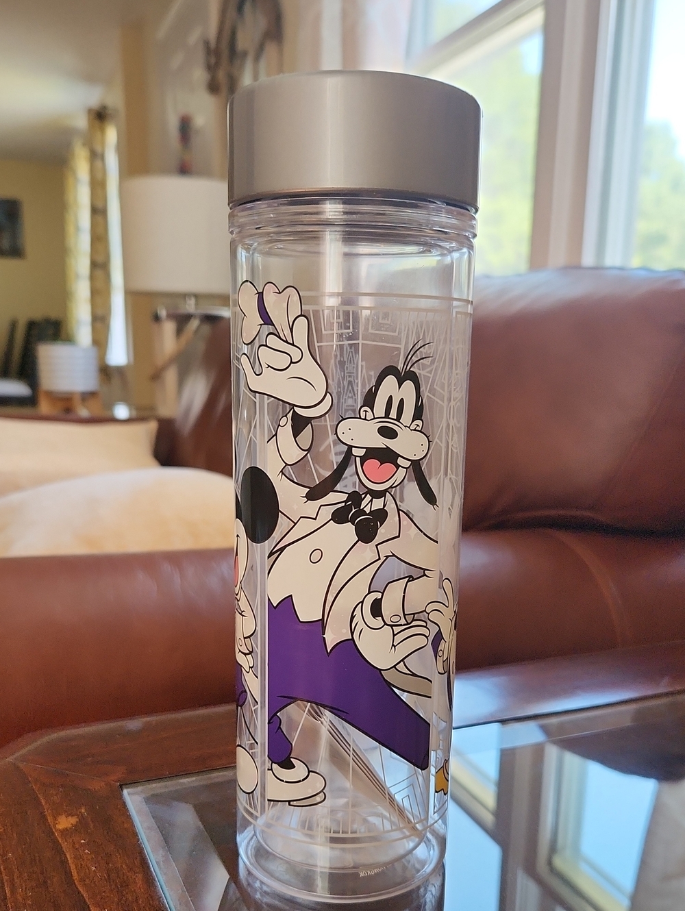 NWOT Disney Clear Travel Tumbler with Gray Lid and Purple Goofy Design